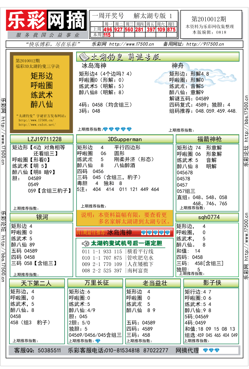 福彩3D第2010012期解太湖钓叟总汇