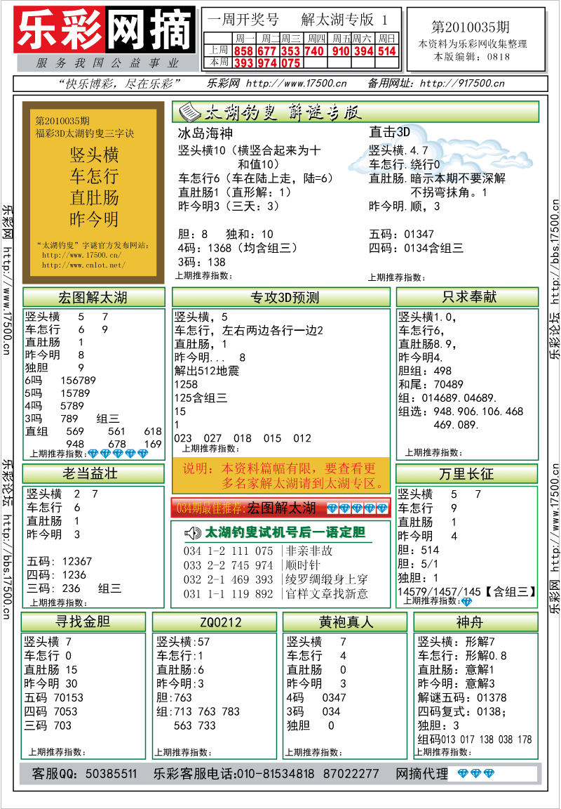 福彩3D第2010035期解太湖钓叟总汇