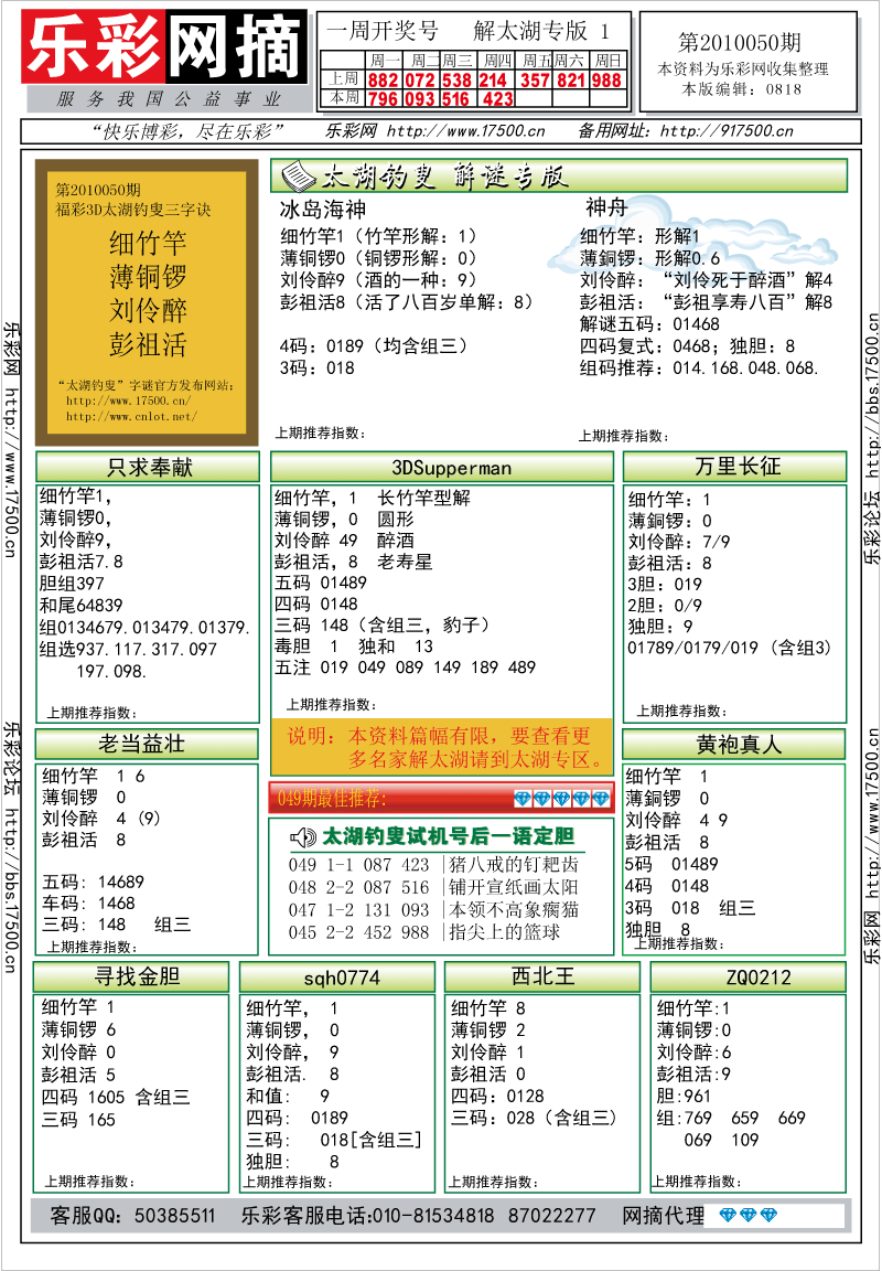 福彩3D第2010050期解太湖钓叟总汇