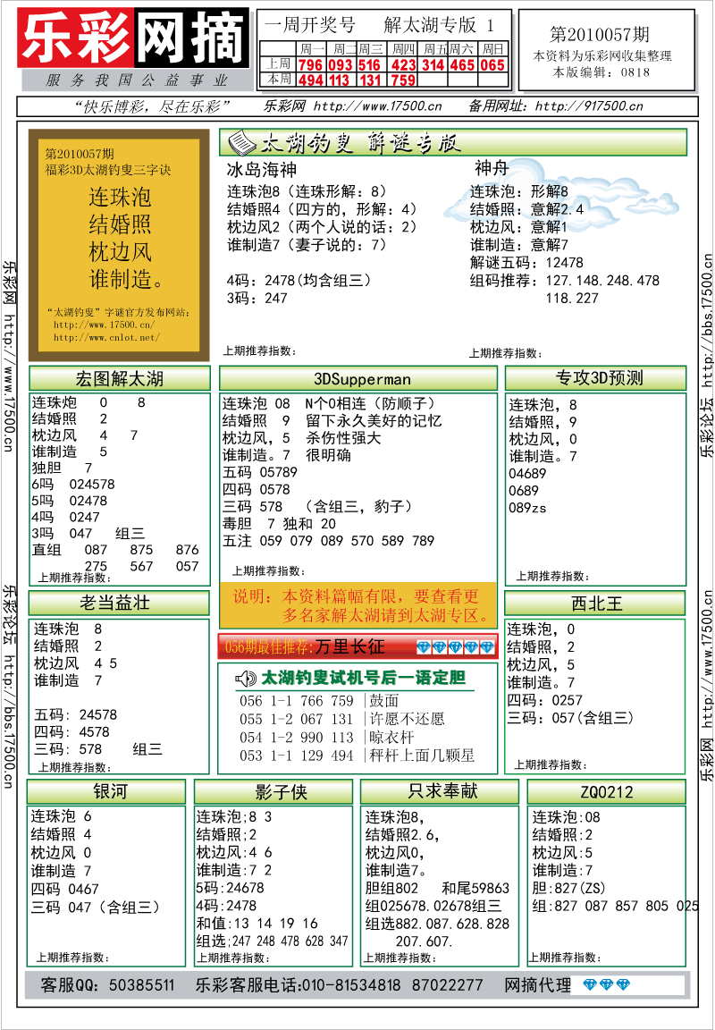 福彩3D第2010057期解太湖钓叟总汇