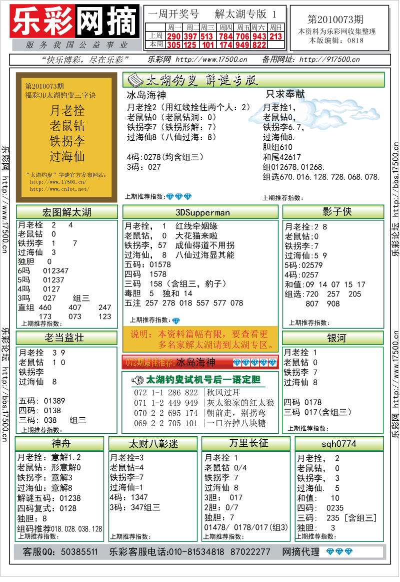 福彩3D第2010073期解太湖钓叟总汇