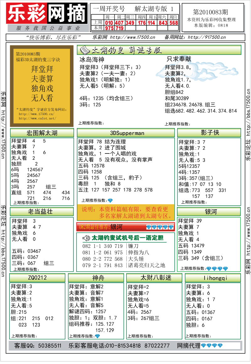 福彩3D第2010083期解太湖钓叟总汇