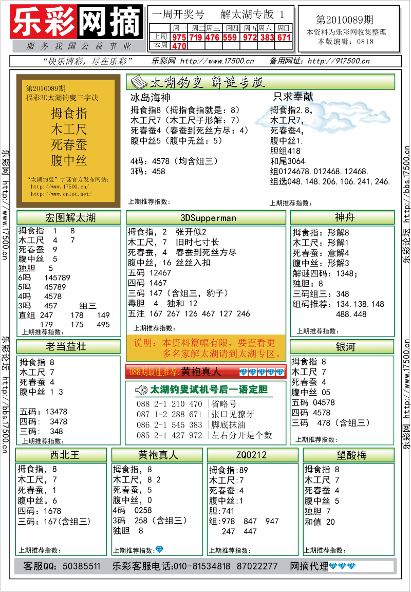 福彩3D第2010089期解太湖钓叟总汇