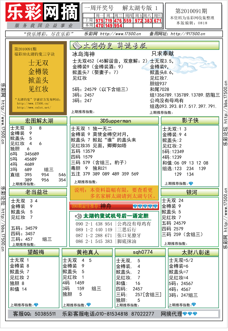 福彩3D第2010091期解太湖钓叟总汇