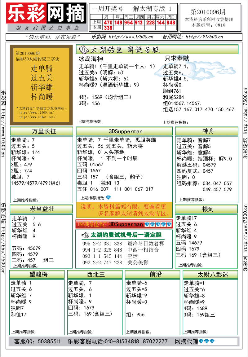 福彩3D第2010096期解太湖钓叟总汇