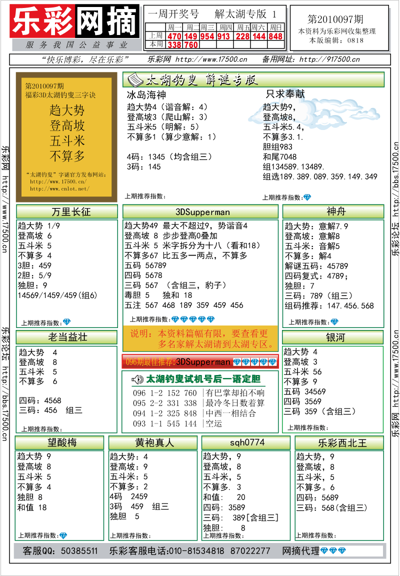 福彩3D第2010097期解太湖钓叟总汇