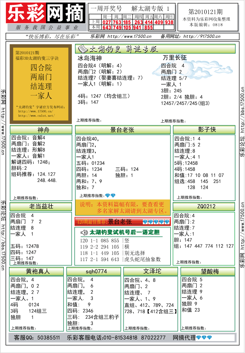 福彩3D第2010121期解太湖钓叟总汇