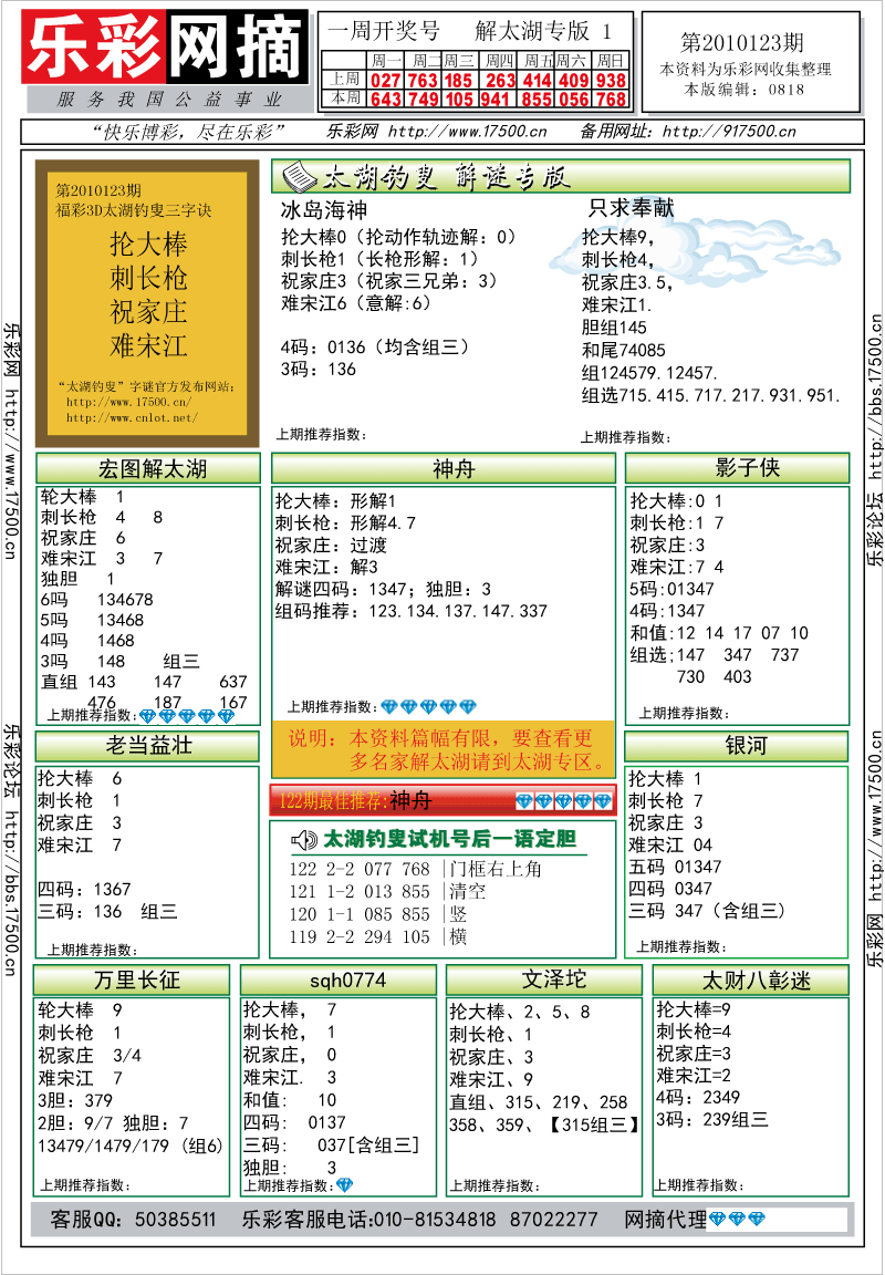 福彩3D第2010123期解太湖钓叟总汇