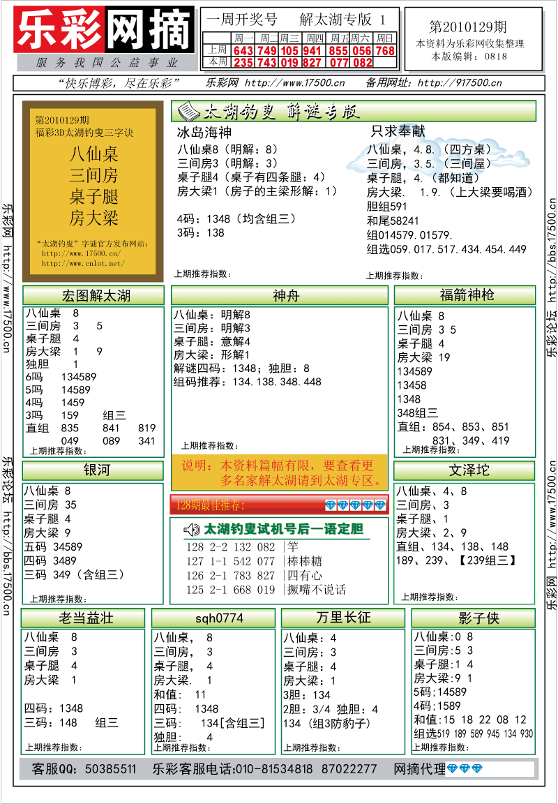 福彩3D第2010129期解太湖钓叟总汇