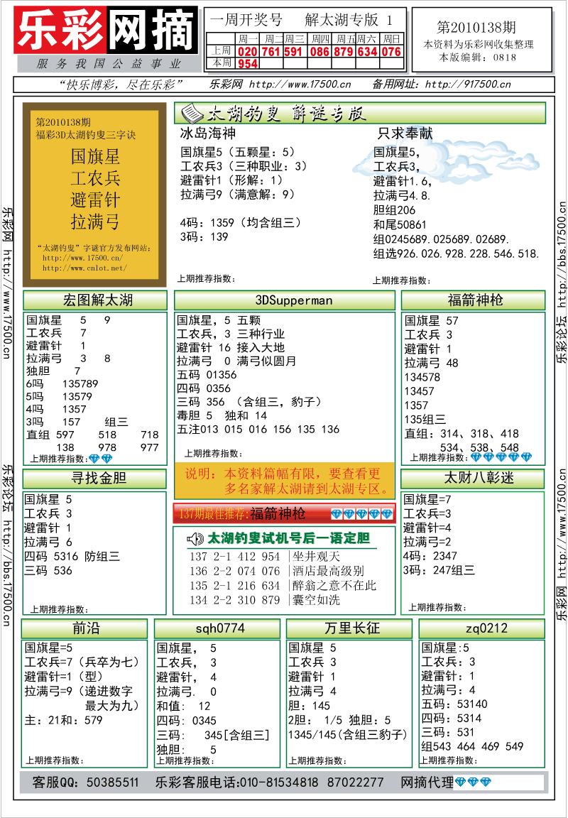 福彩3D第2010138期解太湖钓叟总汇