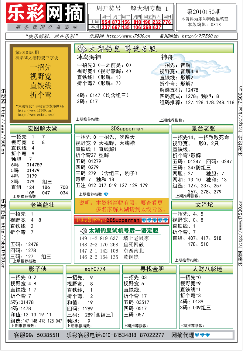 福彩3D第2010150期解太湖钓叟总汇