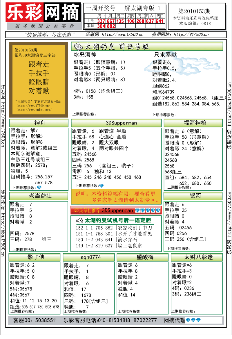 福彩3D第2010153期解太湖钓叟总汇