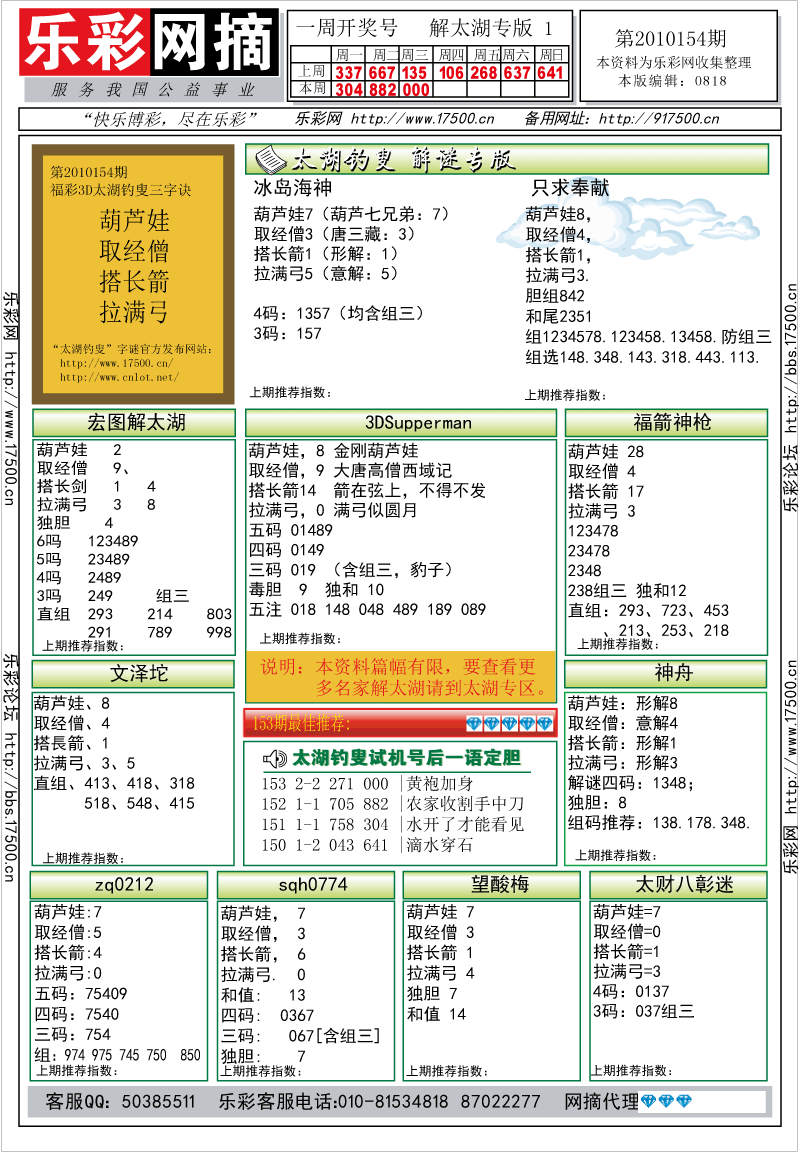 福彩3D第2010154期解太湖钓叟总汇