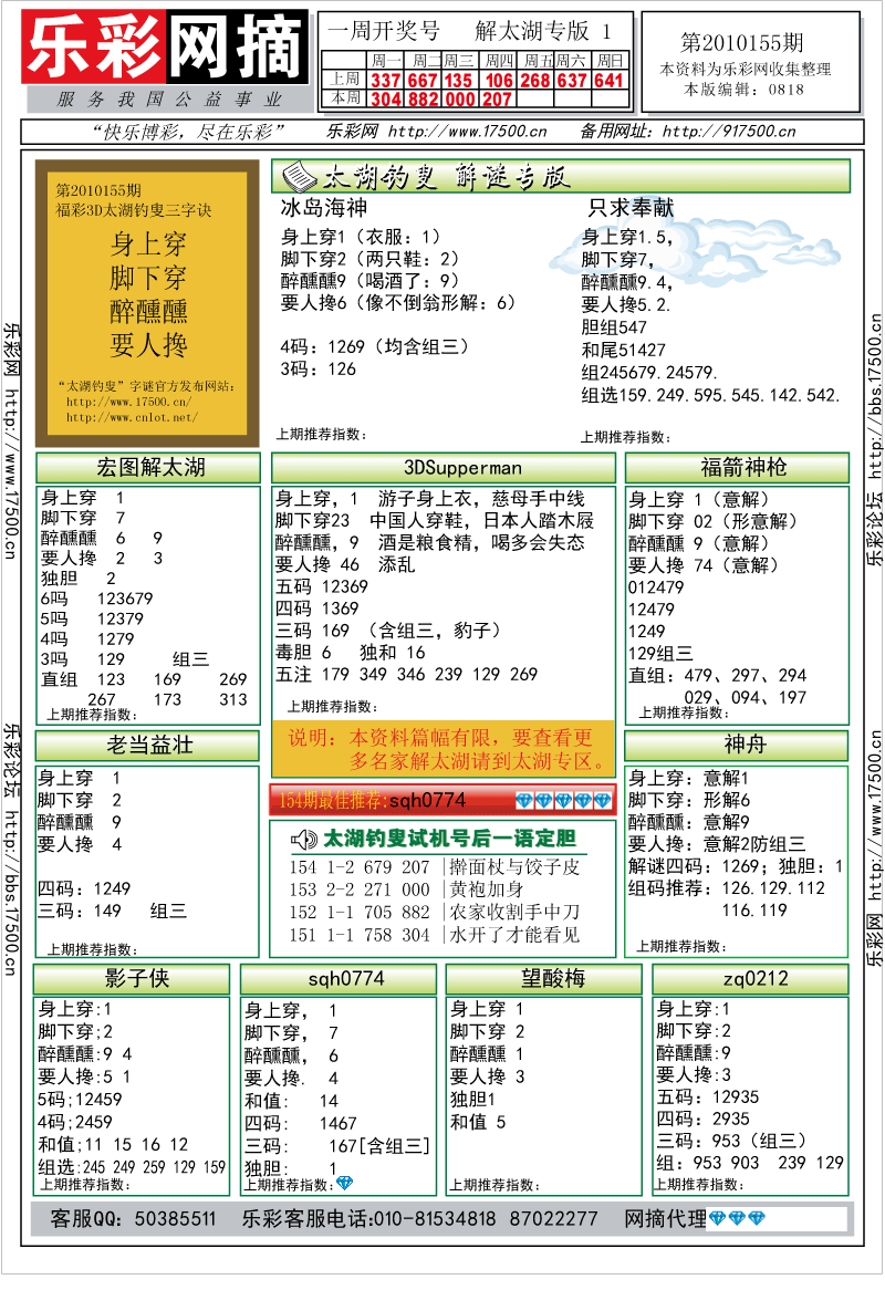 福彩3D第2010155期解太湖钓叟总汇