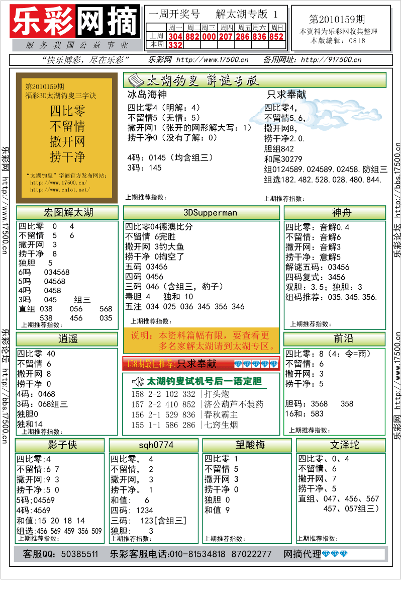 福彩3D第2010159期解太湖钓叟总汇