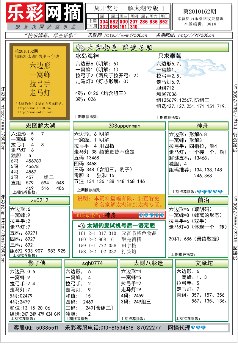 福彩3D第2010162期解太湖钓叟总汇