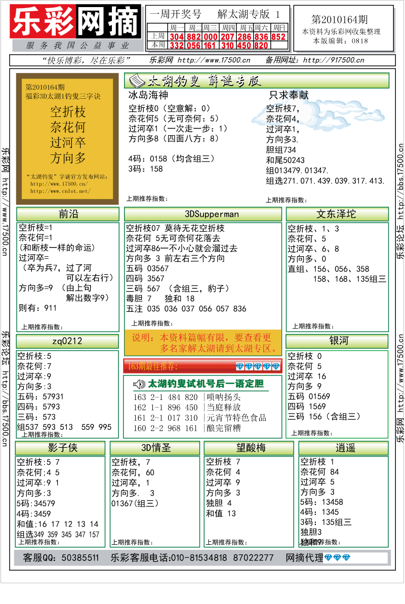 福彩3D第2010164期解太湖钓叟总汇