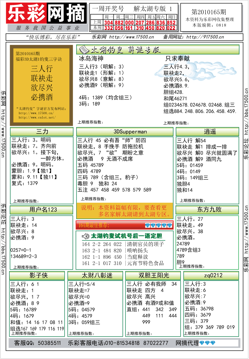 福彩3D第2010165期解太湖钓叟总汇