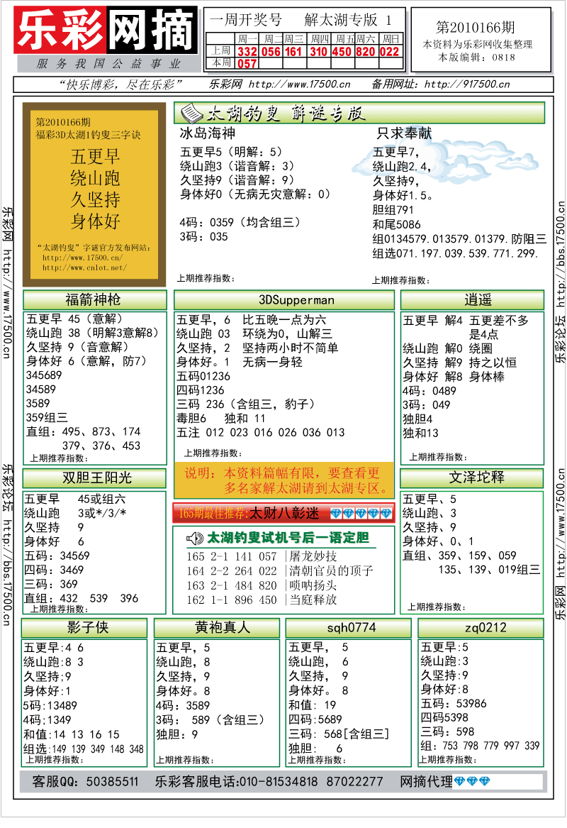 福彩3D第2010166期解太湖钓叟总汇