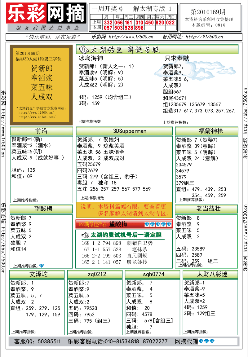 福彩3D第2010169期解太湖钓叟总汇