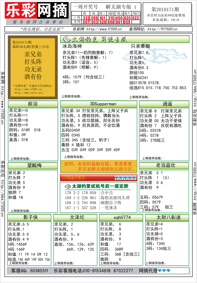 福彩3D第2010171期解太湖钓叟总汇