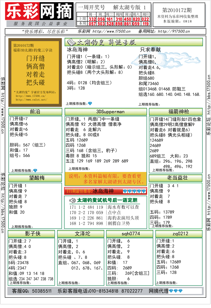 福彩3D第2010172期解太湖钓叟总汇