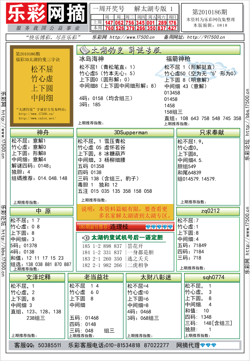 福彩3D第2010186期解太湖钓叟总汇