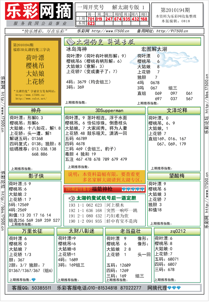 福彩3D第2010194期解太湖钓叟总汇