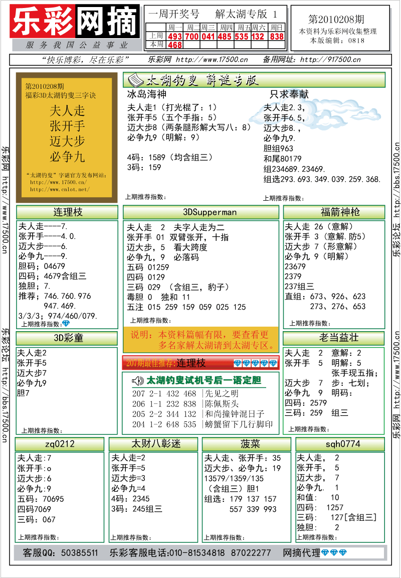 福彩3D第2010208期解太湖钓叟总汇