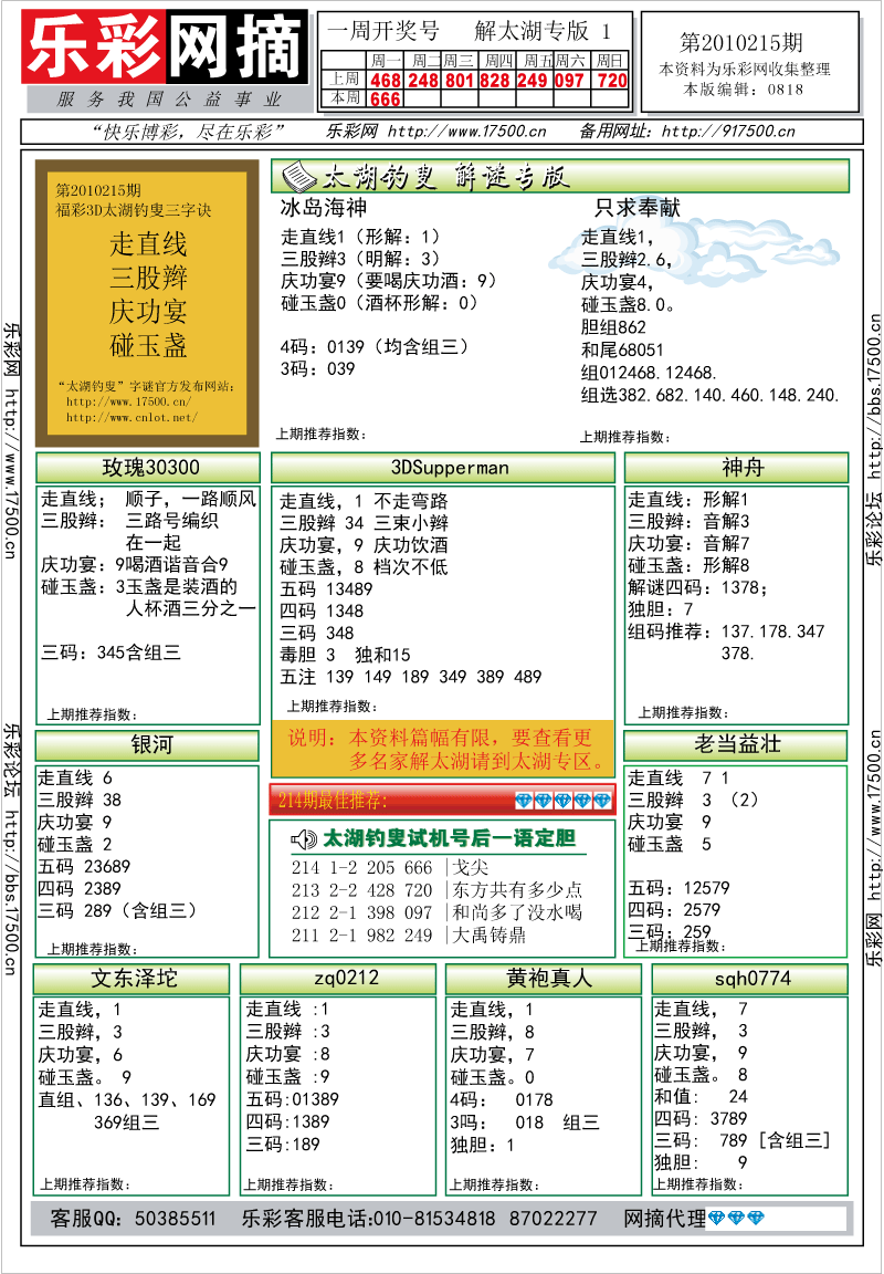 福彩3D第2010215期解太湖钓叟总汇