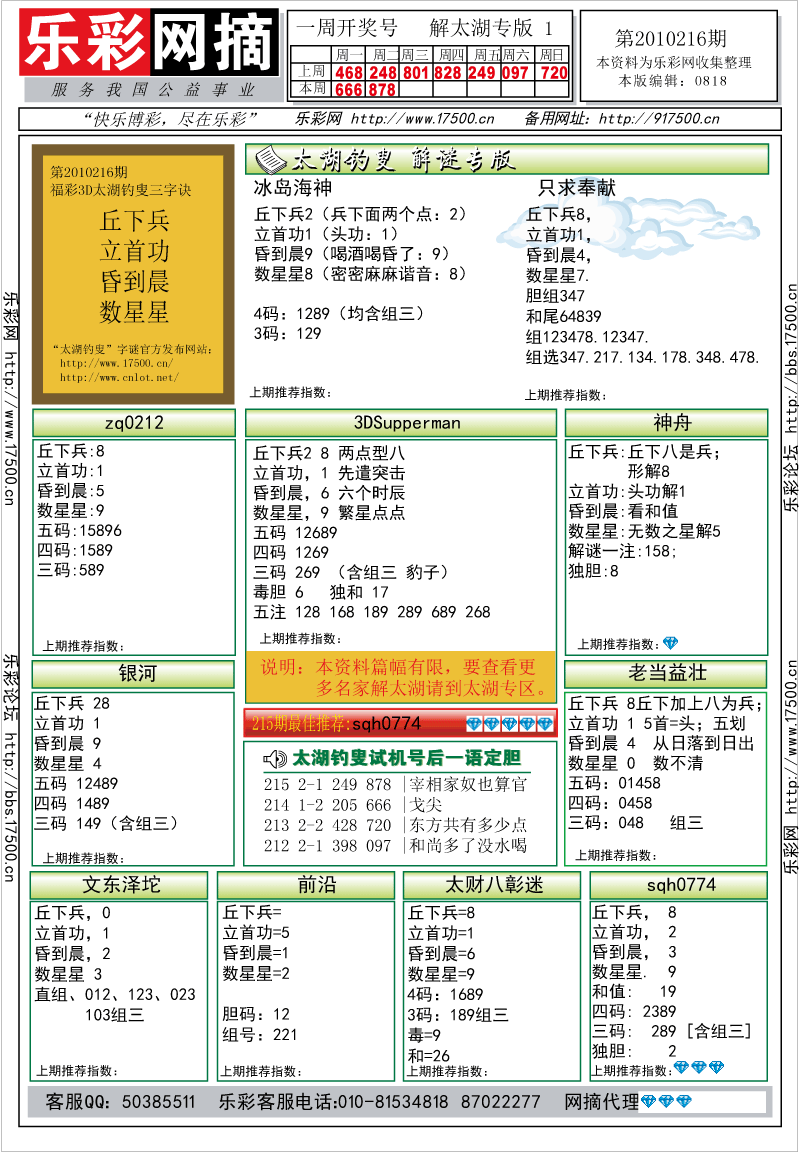 福彩3D第2010216期解太湖钓叟总汇