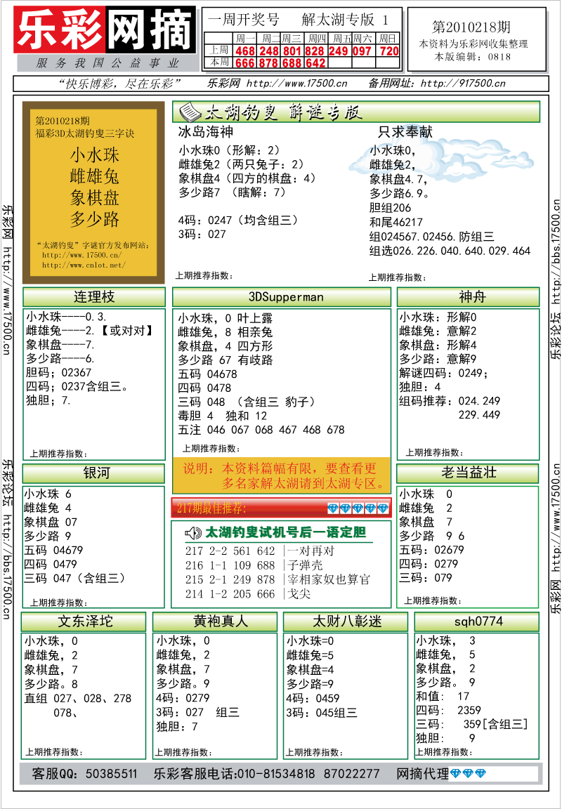 福彩3D第2010218期解太湖钓叟总汇