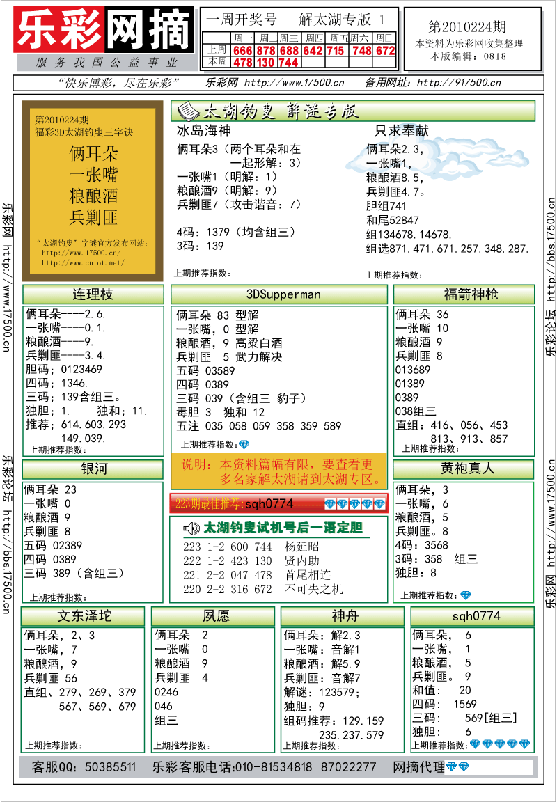 福彩3D第2010224期解太湖钓叟总汇