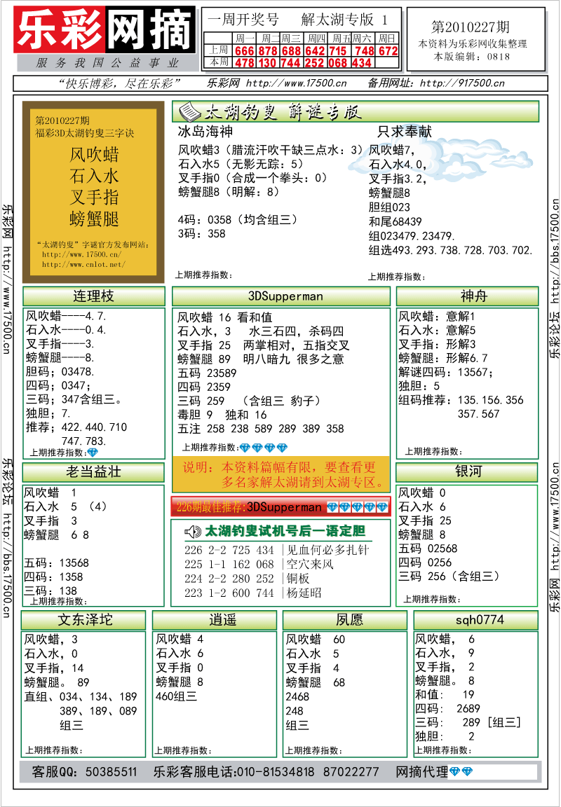 福彩3D第2010227期解太湖钓叟总汇