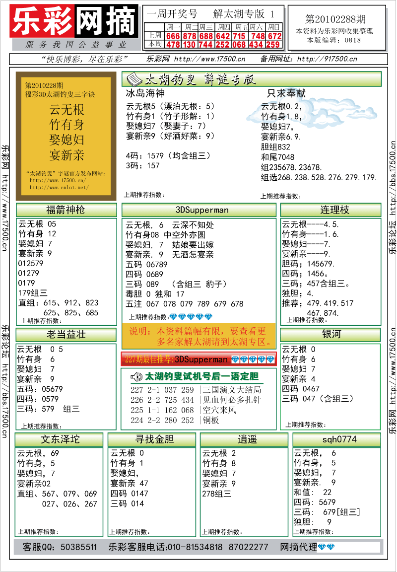 福彩3D第2010228期解太湖钓叟总汇