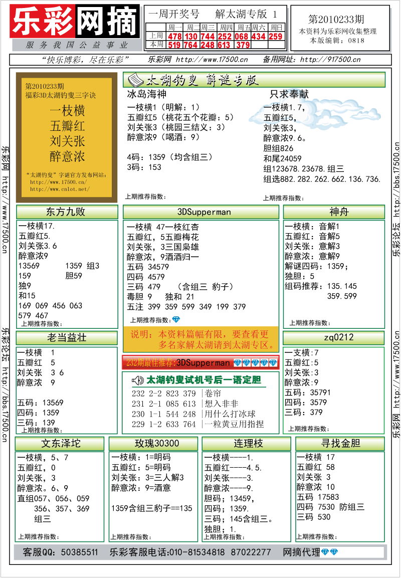 福彩3D第2010233期解太湖钓叟总汇