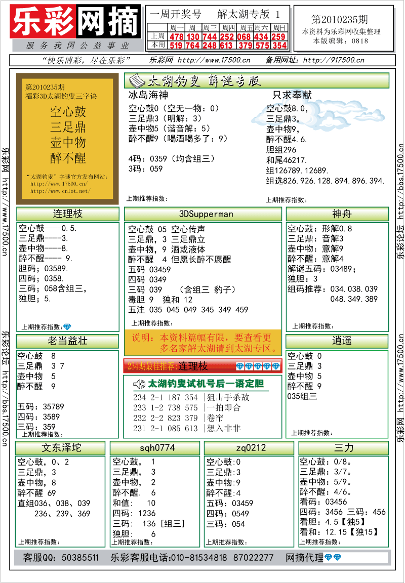 福彩3D第2010235期解太湖钓叟总汇