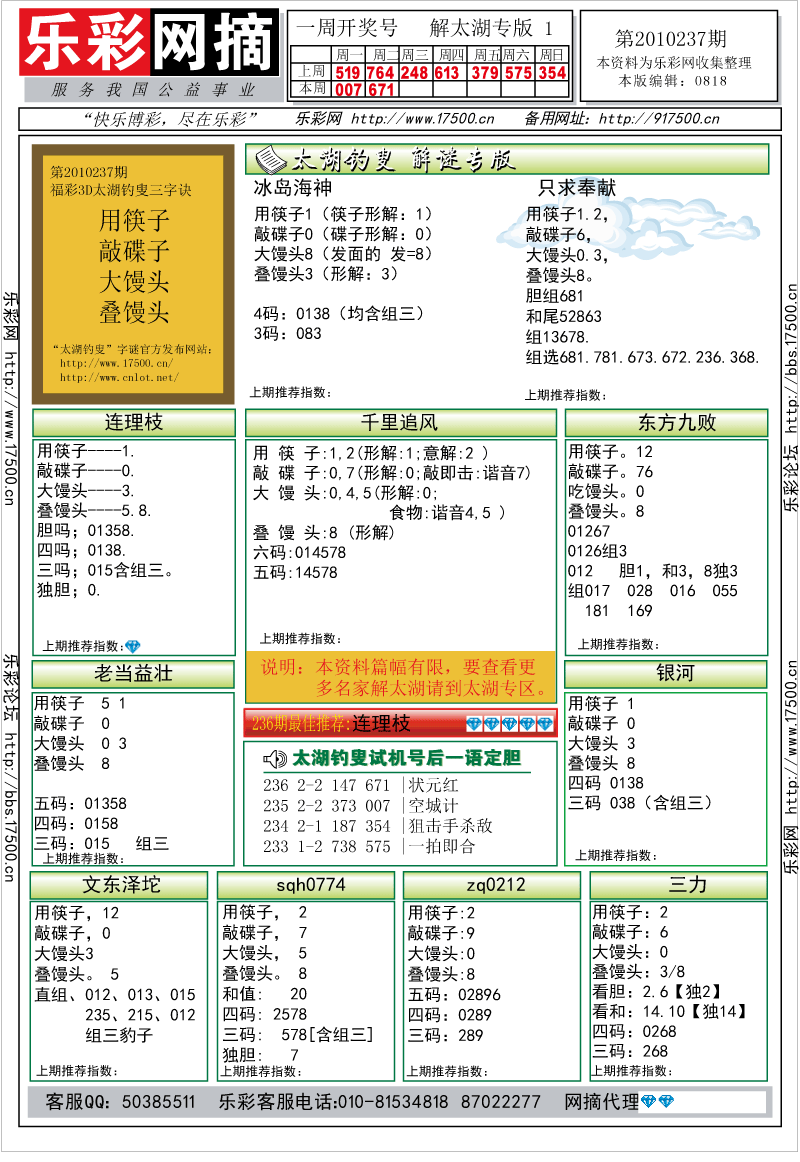 福彩3D第2010237期解太湖钓叟总汇