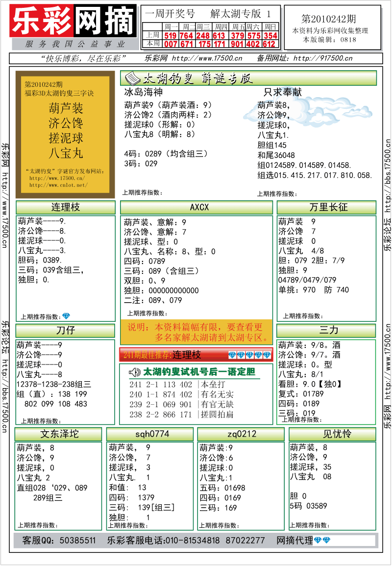 福彩3D第2010242期解太湖钓叟总汇