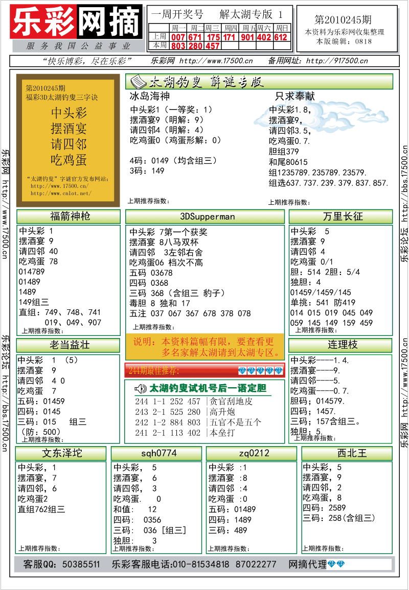 福彩3D第2010245期解太湖钓叟总汇