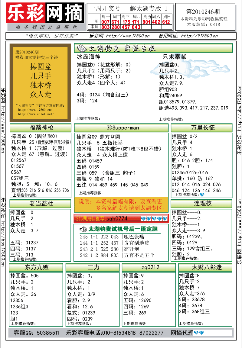 福彩3D第2010246期解太湖钓叟总汇