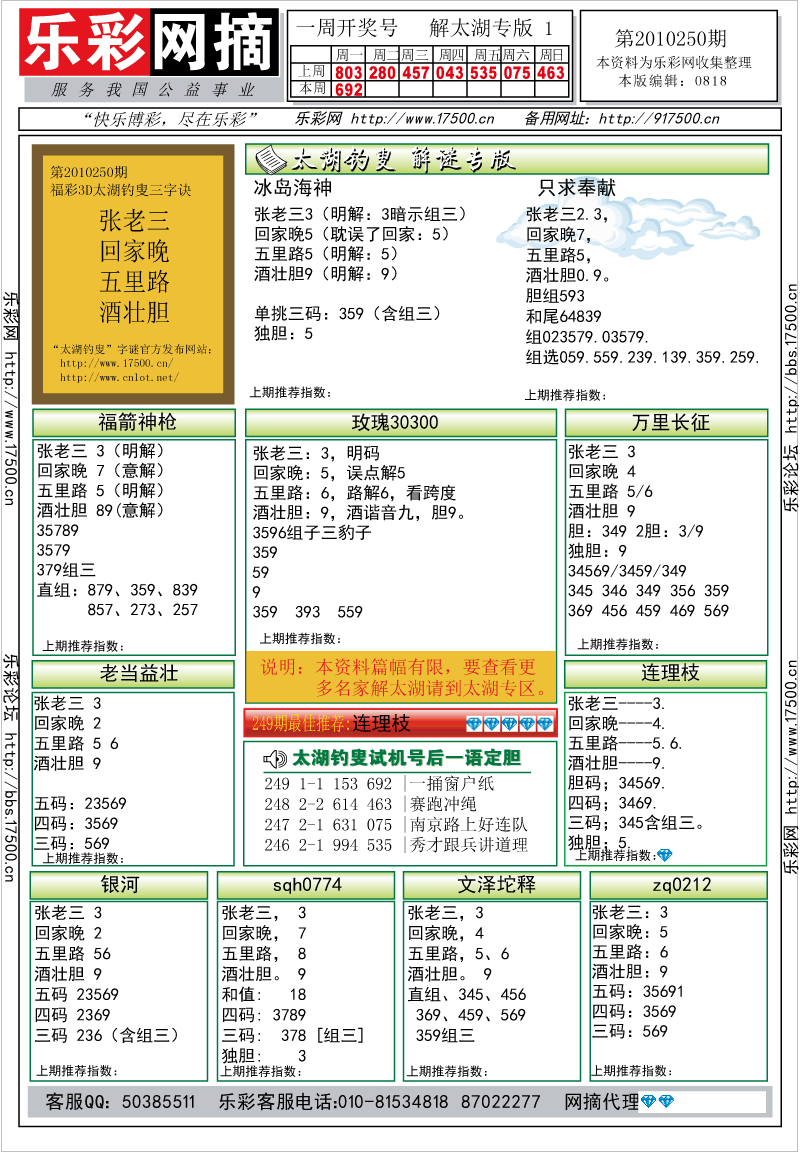 福彩3D第2010250期解太湖钓叟总汇