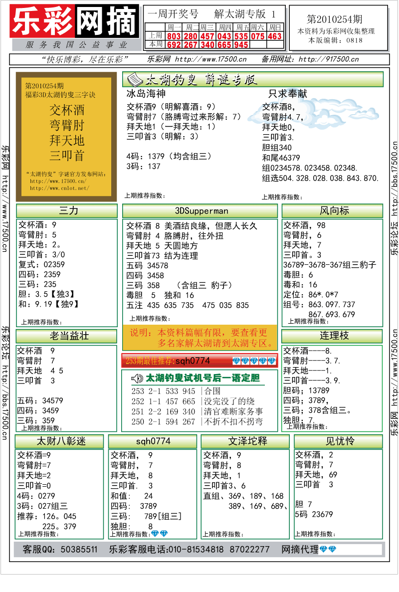 福彩3D第2010254期解太湖钓叟总汇