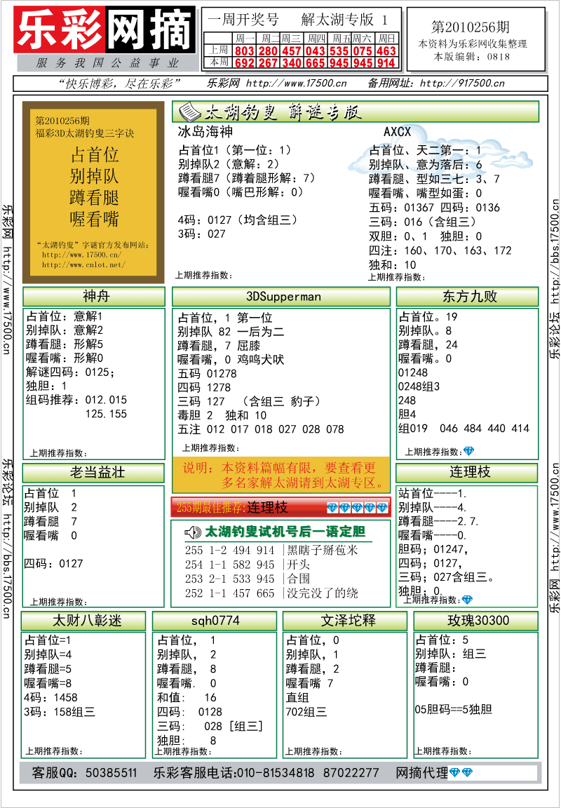 福彩3D第2010256期解太湖钓叟总汇