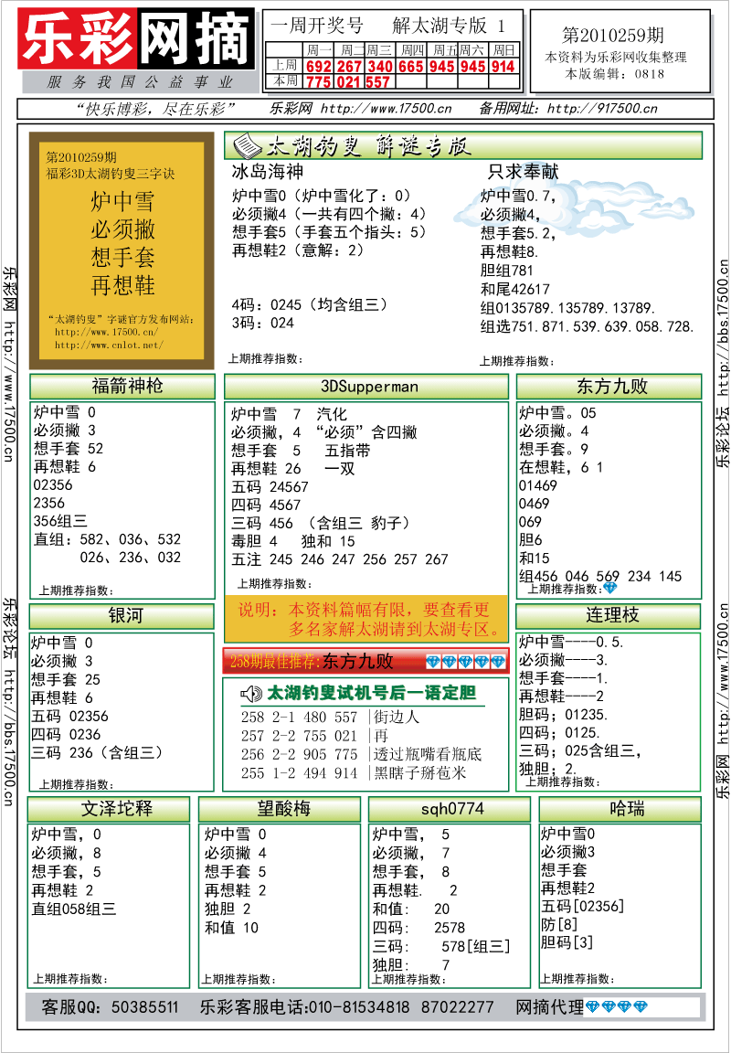 福彩3D第2010259期解太湖钓叟总汇