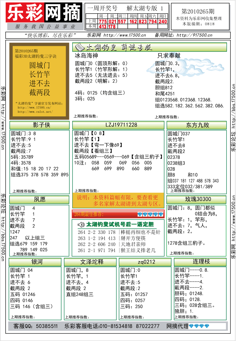 福彩3D第2010265期解太湖钓叟总汇