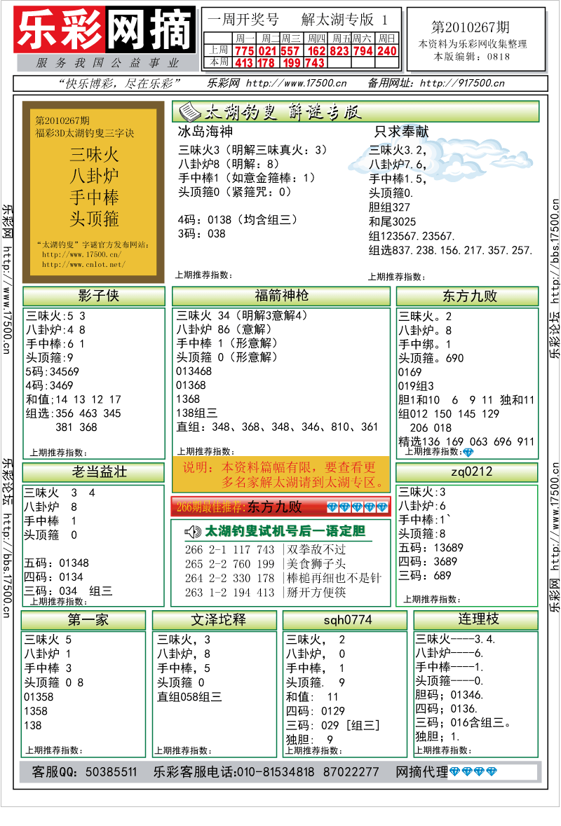 福彩3D第2010267期解太湖钓叟总汇