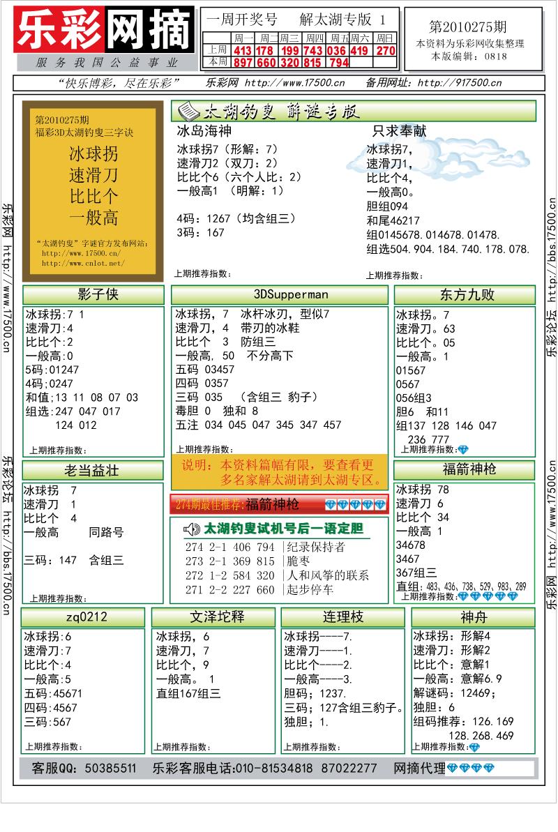 福彩3D第2010275期解太湖钓叟总汇