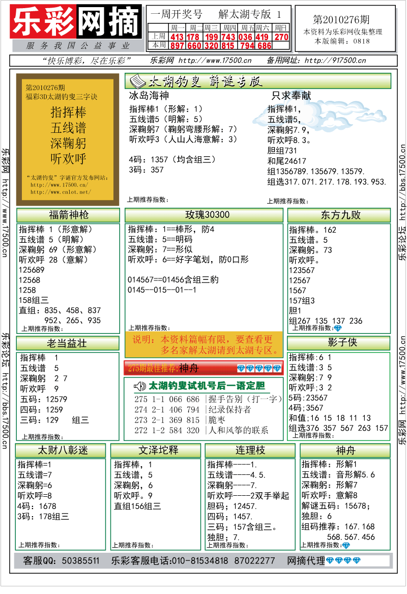 福彩3D第2010276期解太湖钓叟总汇