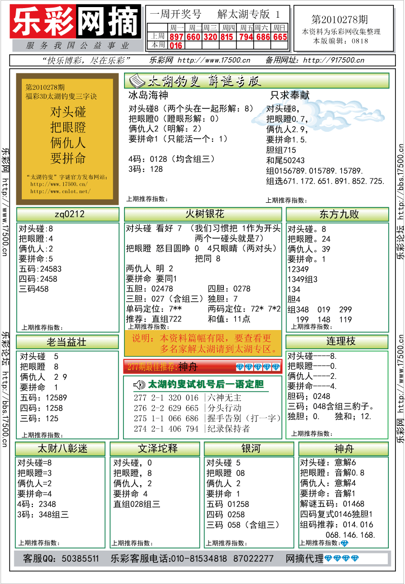 福彩3D第2010278期解太湖钓叟总汇